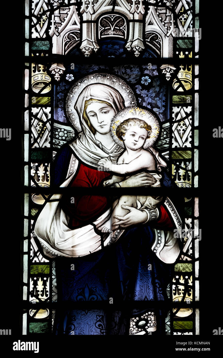 Saint Mary stained glass, St. Wilfrid`s Church, North Muskham, Nottinghamshire, England, UK Stock Photo